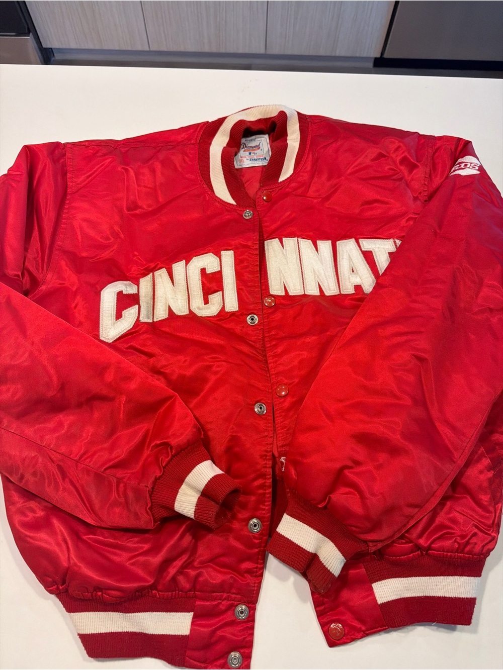 MLB Cincinnati Red Satin Varsity Jacket with White Trim